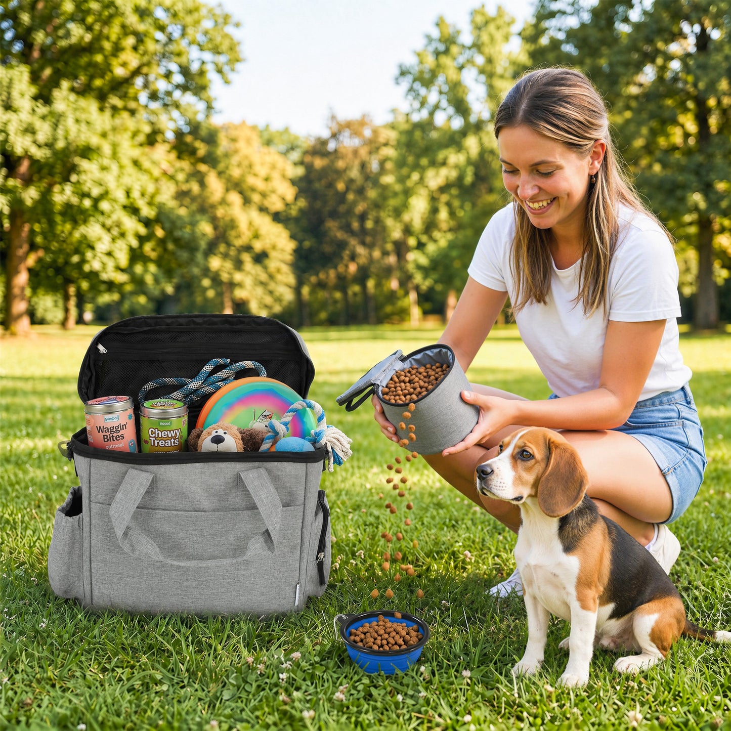 Dog Travel Bag, Waterproof Walking Bag with Multiple Pockets, Two Food Containers and Collapsible Bowl for Cat Puppy