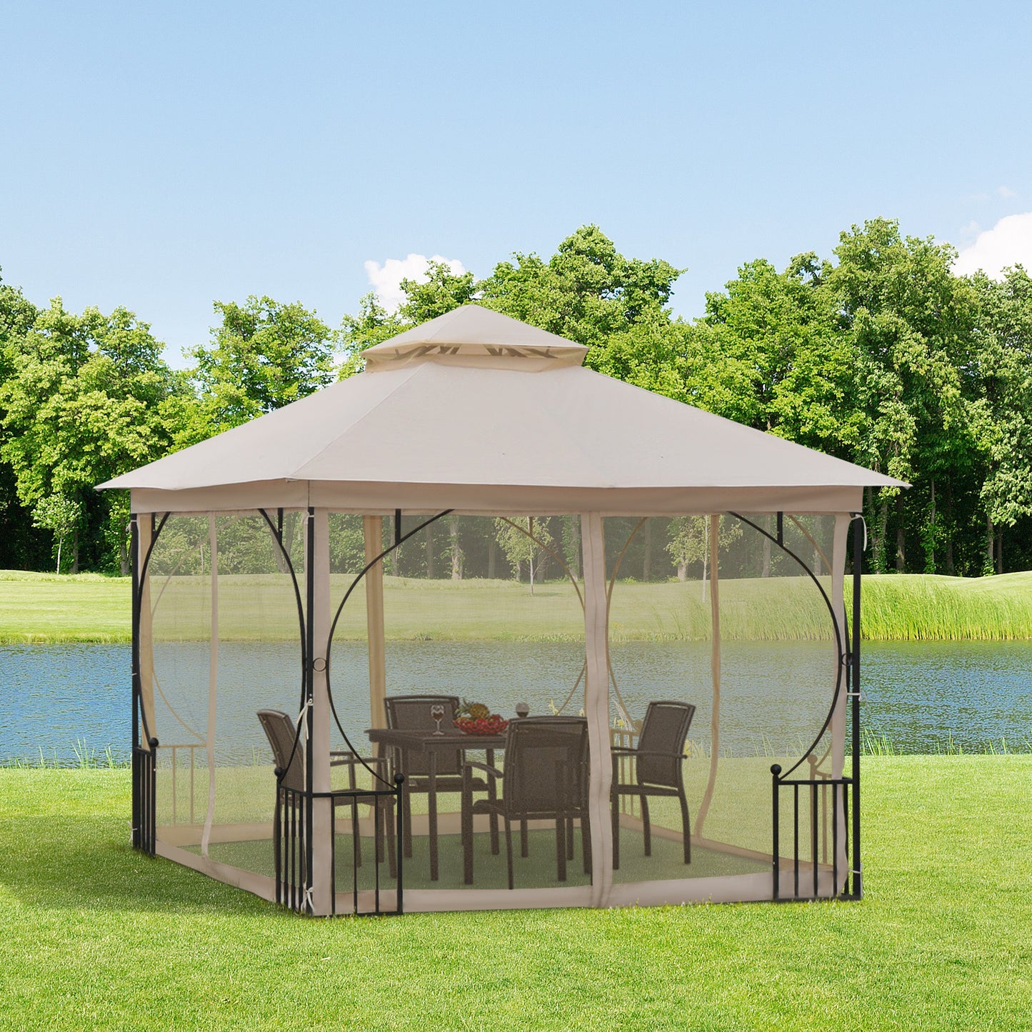 3 x 3(m) Garden Gazebo Patio Party Tent Shelter Outdoor Canopy Double Tier Sun Shade Metal Frame Netting, Beige
