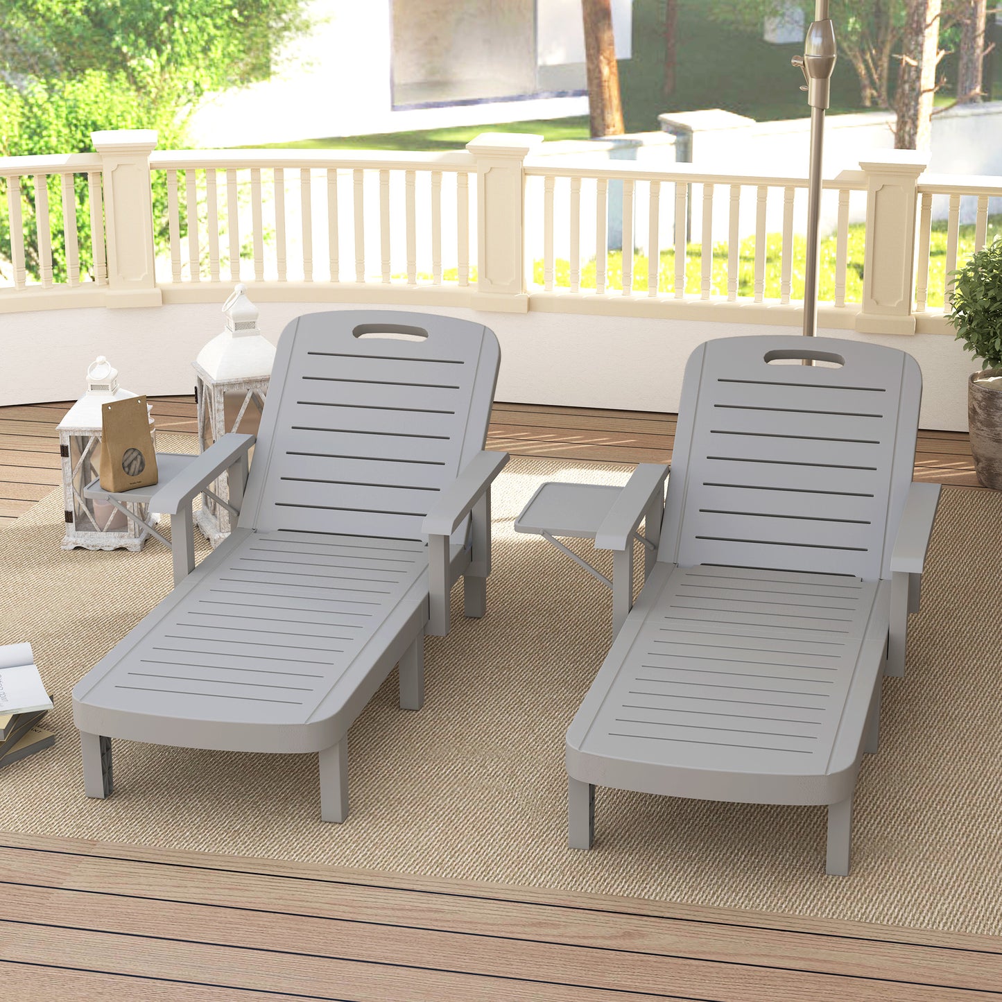 Set of 2 Reclining Sun Loungers, 5 Positions Adjustable Outdoor Chaise Lounge Chair with Armrests, Light Grey