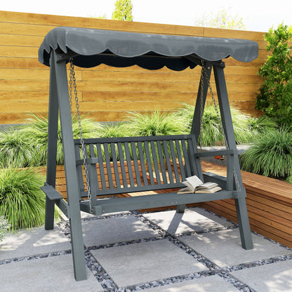 2 Seater Garden Swing Seat with Canopy, Wooden Swing Chair, Outdoor Hammock Bench for Balcony Patio Porch, Grey