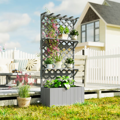 52L Wooden Planter, with Trellis and Shelves - Grey