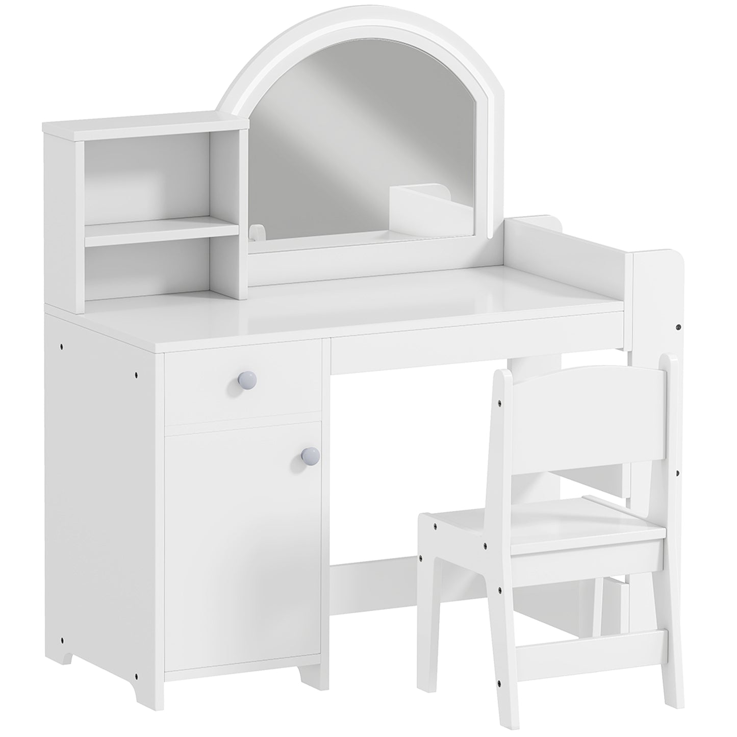 Kids Vanity Table and Chair Set, Girls Dressing Table with 2-Colour LED Mirror, Stool, Cabinet, Drawer, Shelves, White