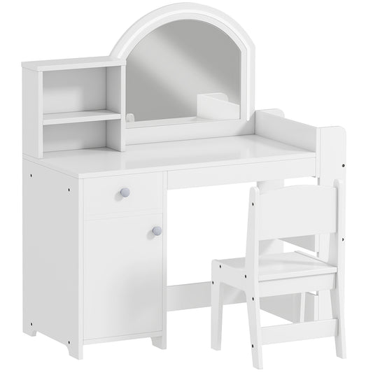 Kids Vanity Table and Chair Set, Girls Dressing Table with 2-Colour LED Mirror, Stool, Cabinet, Drawer, Shelves, White