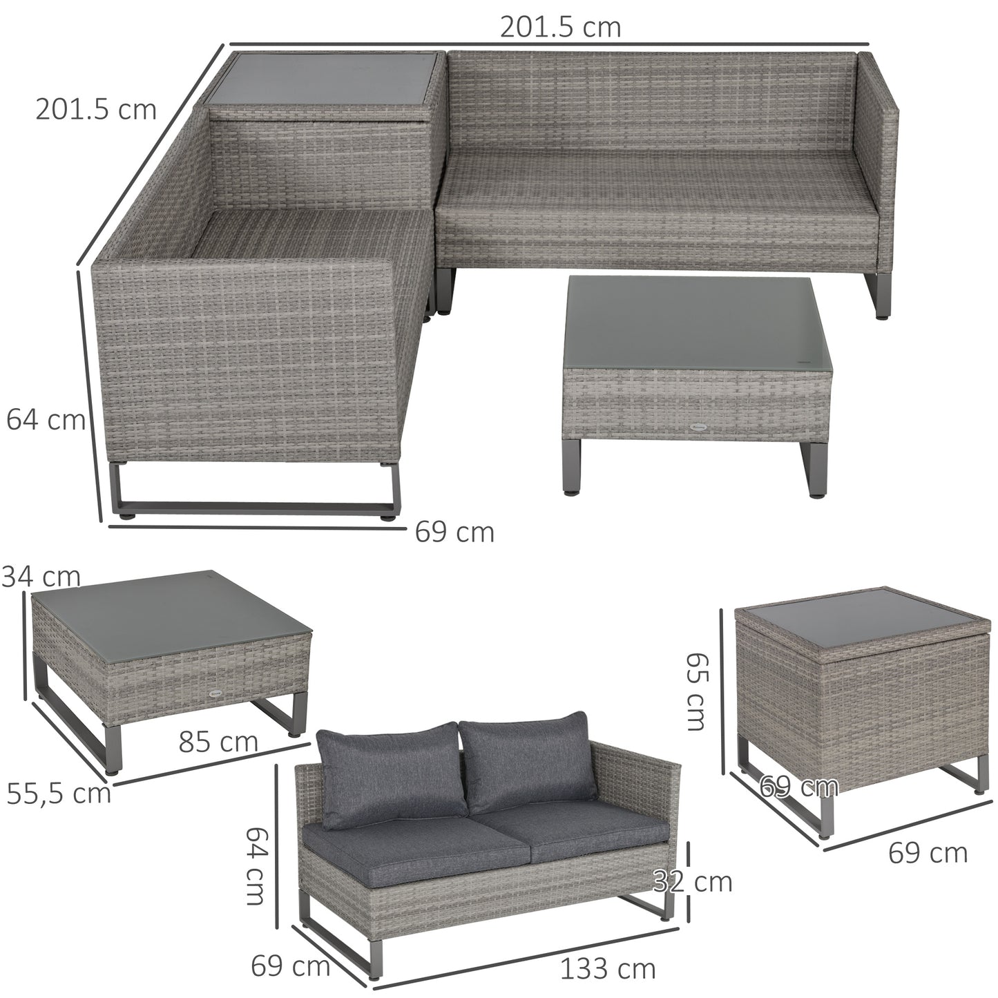 4 Pieces Rattan Garden Furniture Set, 4 Seater Garden Sofa Set with Storage Box, Loveseats and Glass Top Table