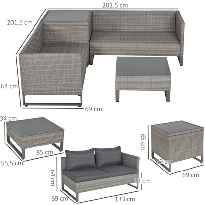 4 Pieces Rattan Garden Furniture Set, 4 Seater Garden Sofa Set with Storage Box, Loveseats and Glass Top Table