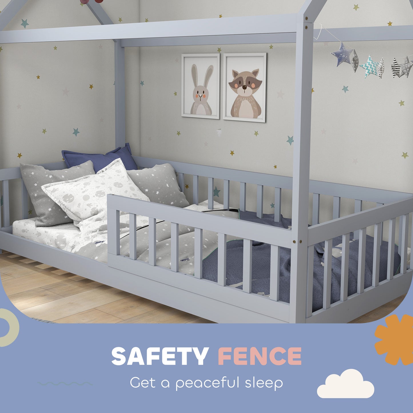 House-Shaped Kids Bed Frame with Guard Rails, Solid Pine Wood Single Bed Frame for Kids Boys and Girls, Grey