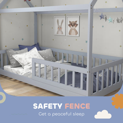 House-Shaped Kids Bed Frame with Guard Rails, Solid Pine Wood Single Bed Frame for Kids Boys and Girls, Grey