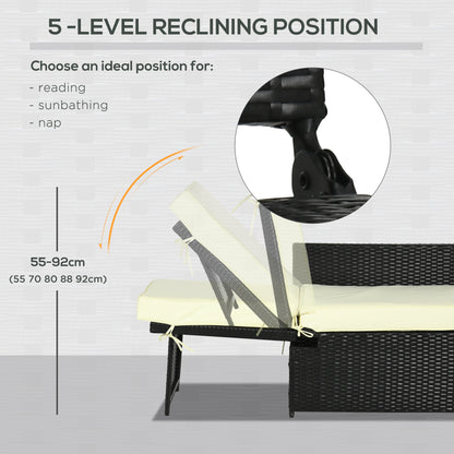 5PC PE Rattan Sun Lounger, Outdoor Wicker 5-level Adjustable Recliner Sofa Bed with Storage Side Table and Footstools