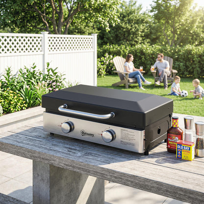 2 Burner Grill Griddle, Portable Gas Plancha, 6 kW, Tabletop Gas BBQ with Grease Cup for Camping Picnic Patios, Black