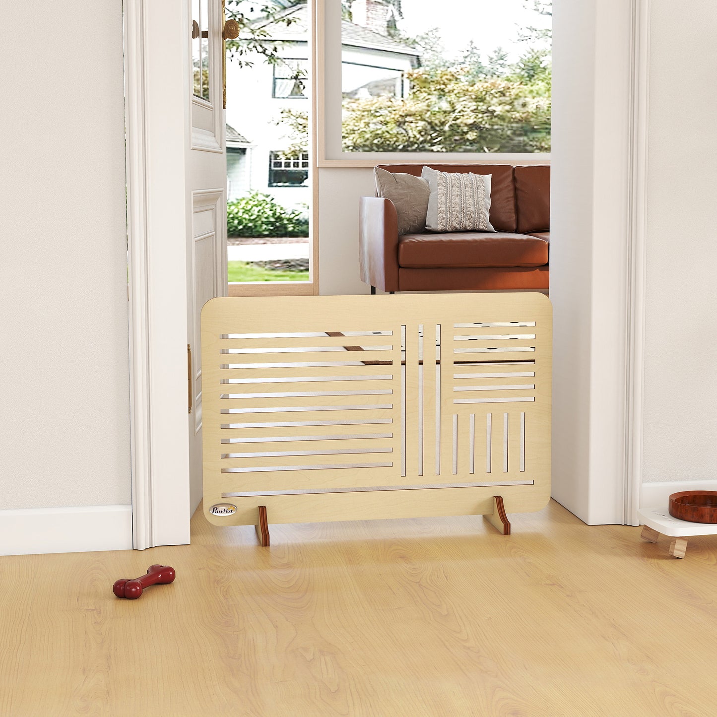 Freestanding Pet Gate, Portable Dog Barrier Gate with Feet for Small Breeds, 75 x 51 cm, Natural Wood