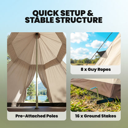 6 Men Tipi Tent with Carry Bag - Khaki