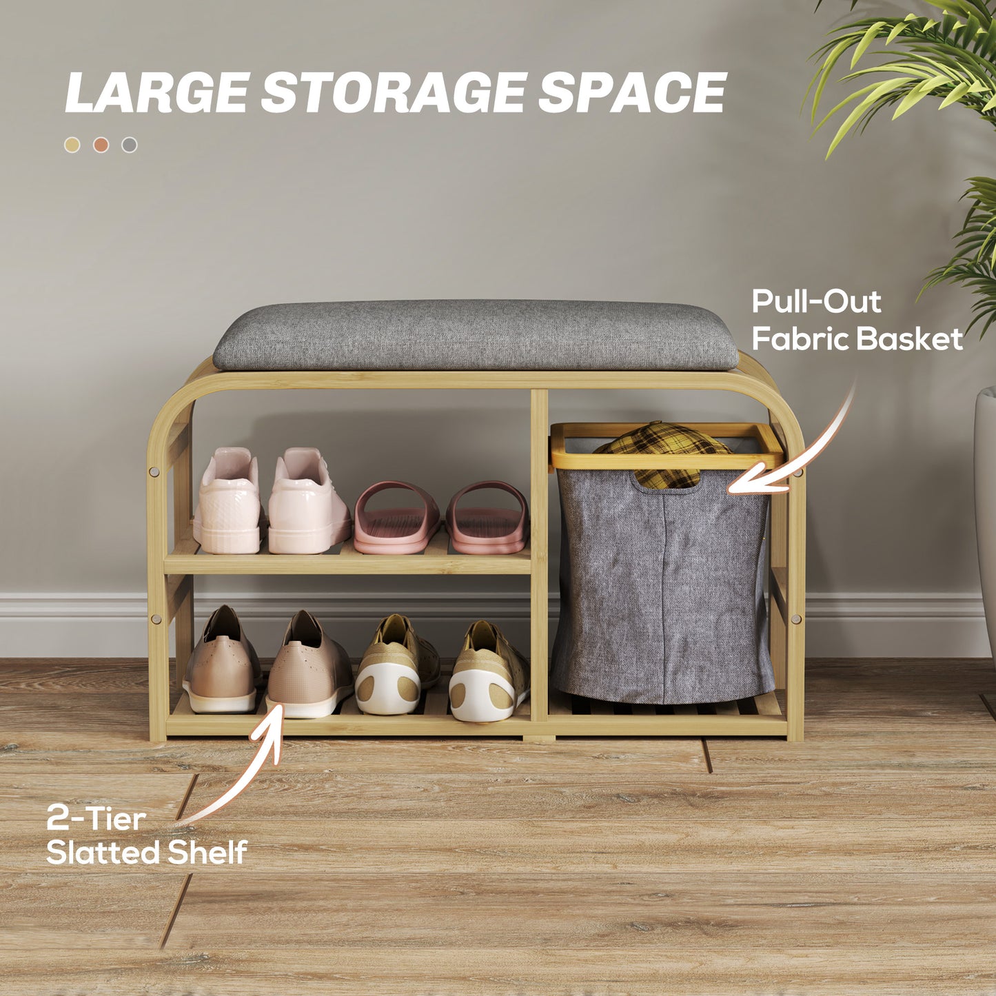 Bamboo Shoe Rack Bench with Padded Seat - Nature Wood Finish