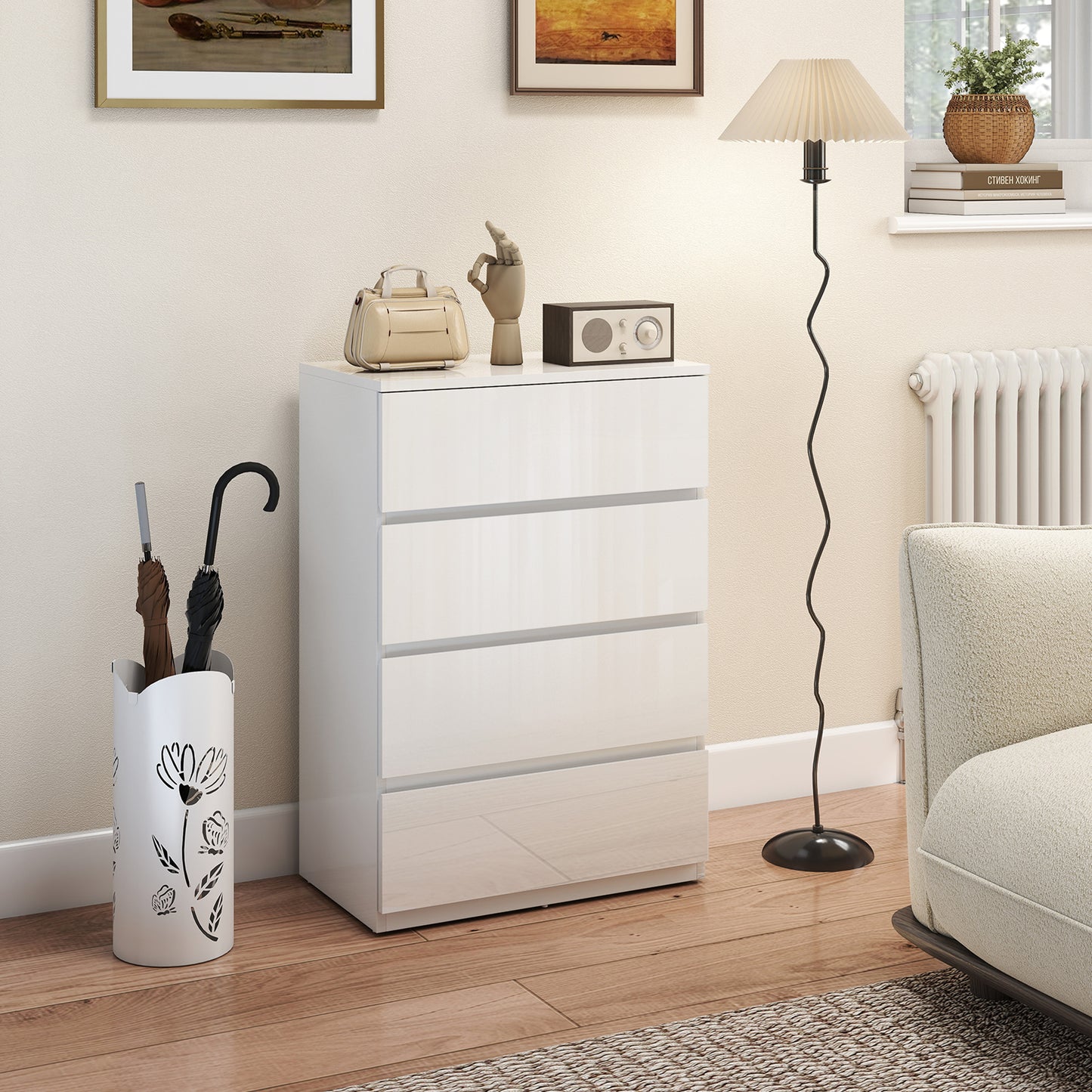 High Gloss Chest of Drawers, 4-Drawer Storage Cabinets, Modern Dresser for Bedroom, White