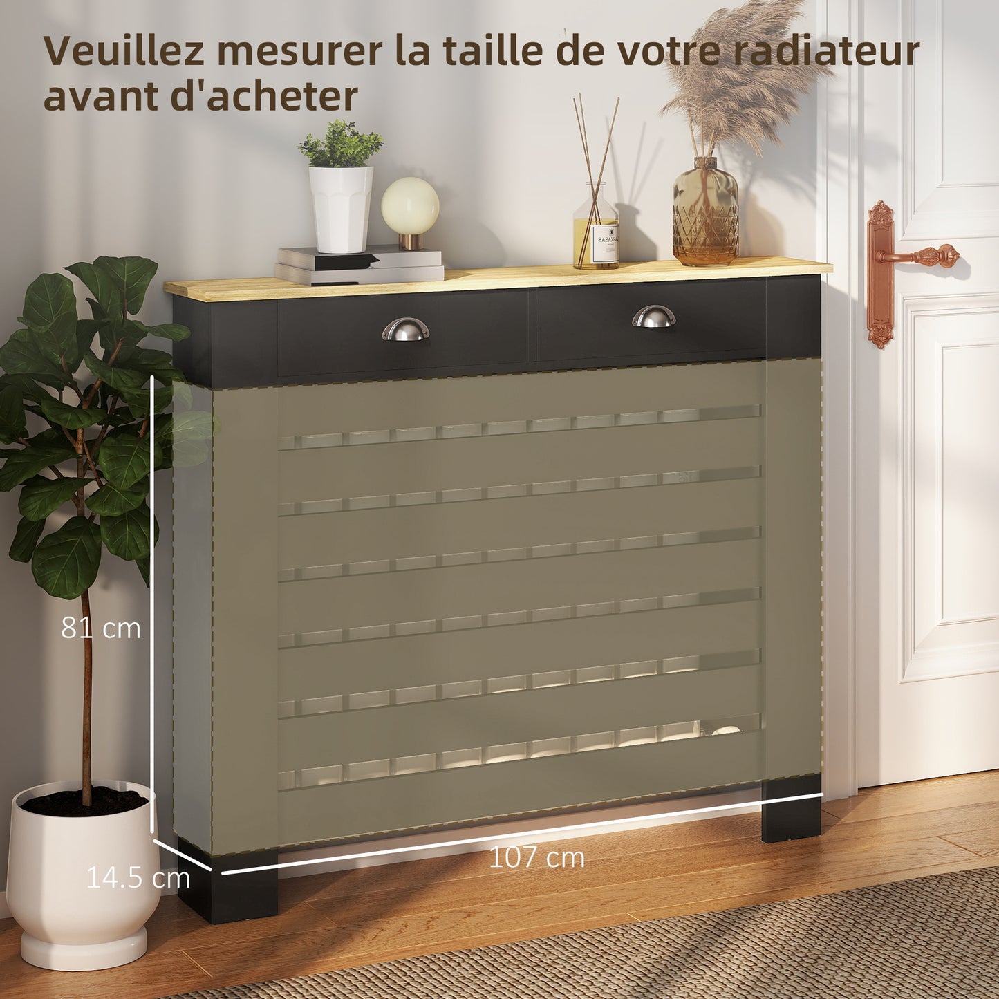 95.5H x 111Wcm Radiator Cover, with Drawer - Black