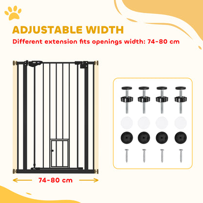 Extra Tall Pet Gate, Indoor Dog Safety Gate, with Cat Flap, Auto Close, 74-80cm Wide - Black