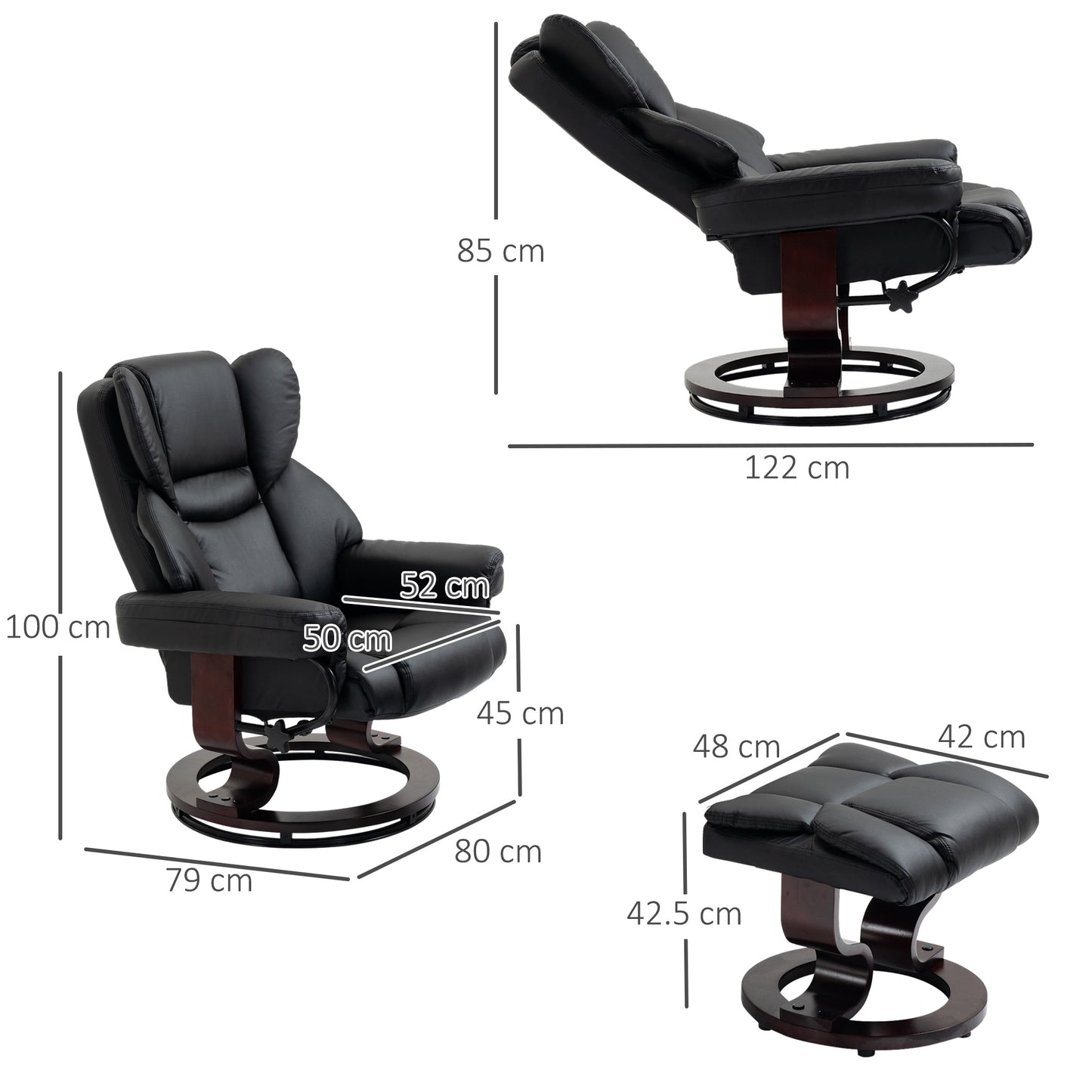 360° Swivel Recliner Chair with Footstool, PU Leather Manual Recliner Armchair with Footstool, Solid Wood Base