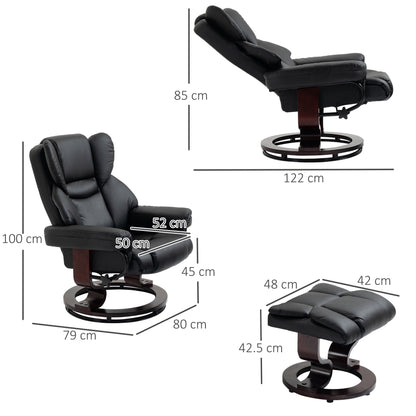 360° Swivel Recliner Chair with Footstool, PU Leather Manual Recliner Armchair with Footstool, Solid Wood Base