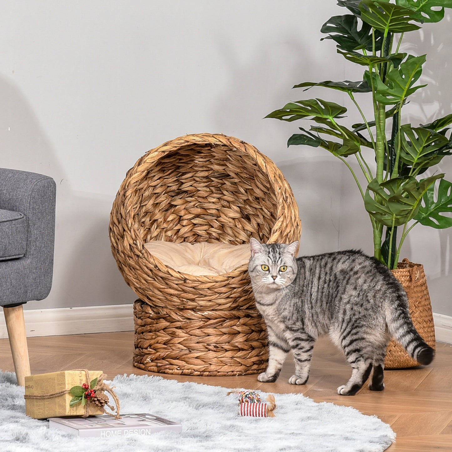 Wicker Cat Bed, Raised Rattan Cat Basket with Cylindrical Base, Soft Washable Cushion, 40 x 37 x 51 cm - Brown