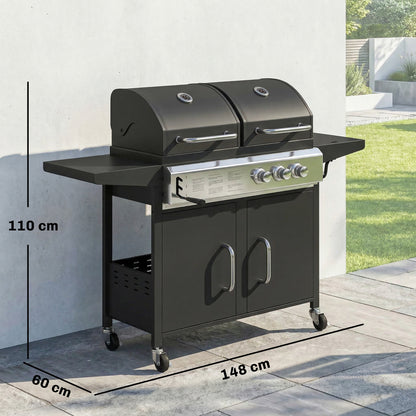 2+1 Burner Hybrid Dual Fuel BBQ Gas Grill, 2-in-1 Propane & Charcoal Barbecue Grill Smoker Combo with Wheels, Black