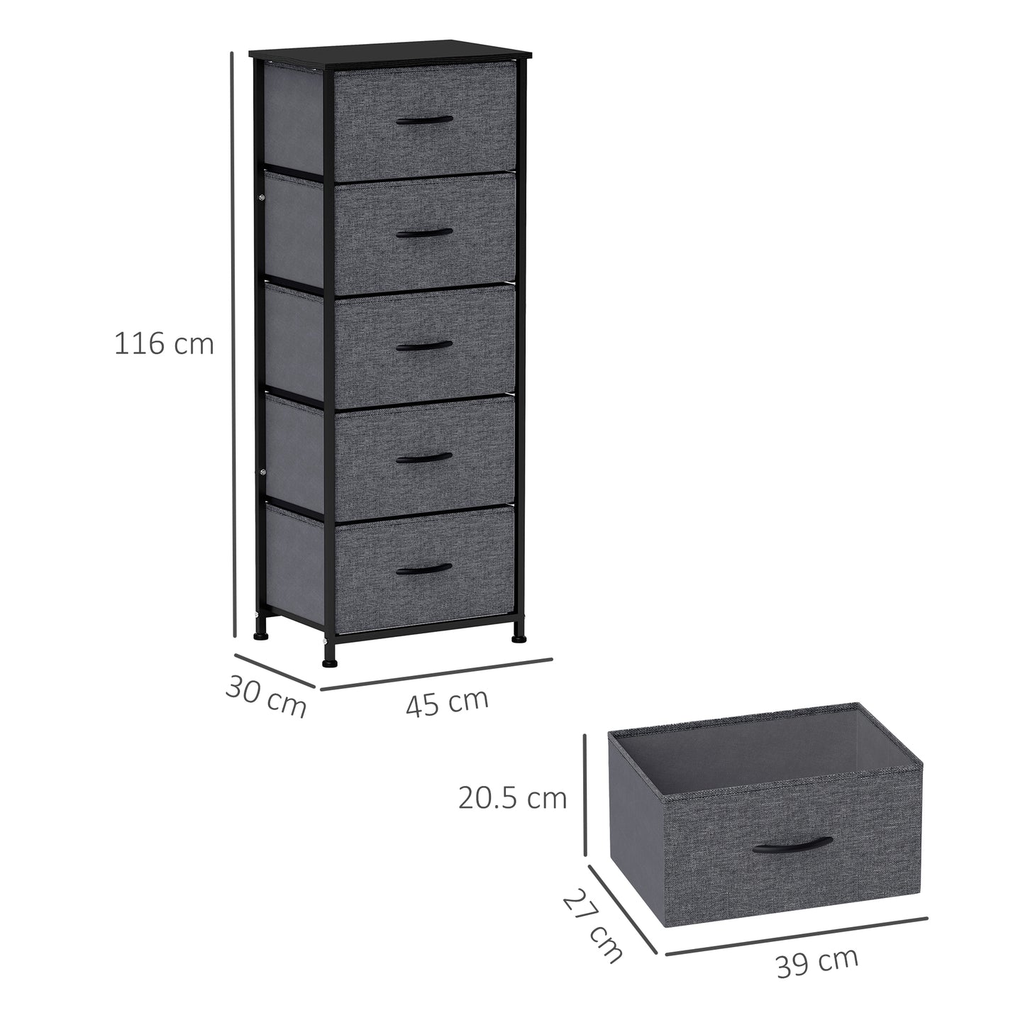 Fabric Chest of Drawers, Industrial Bedroom Dresser with 5 Fabric Drawers, Steel Frame and Wooden Top for Nursery