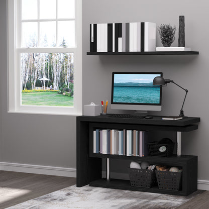 L Shaped Desk with 360° Rotating Storage Shelves, Corner Computer Desk, Space Saving Study Table for Home Office, Black