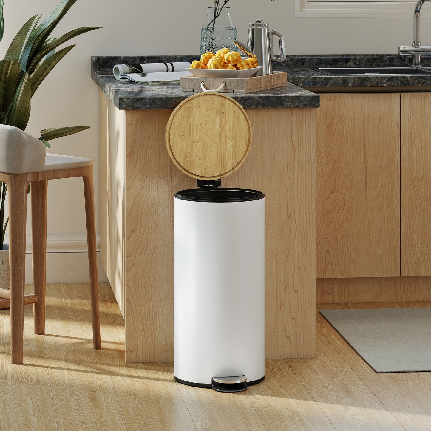 Kitchen Bin, 30 Litre Pedal Rubbish Bin with Removable Bucket, White and Natural