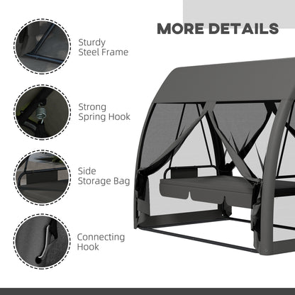 Three-Seater Convertible Swing Chair/Bed, with Curtained Canopy - Grey