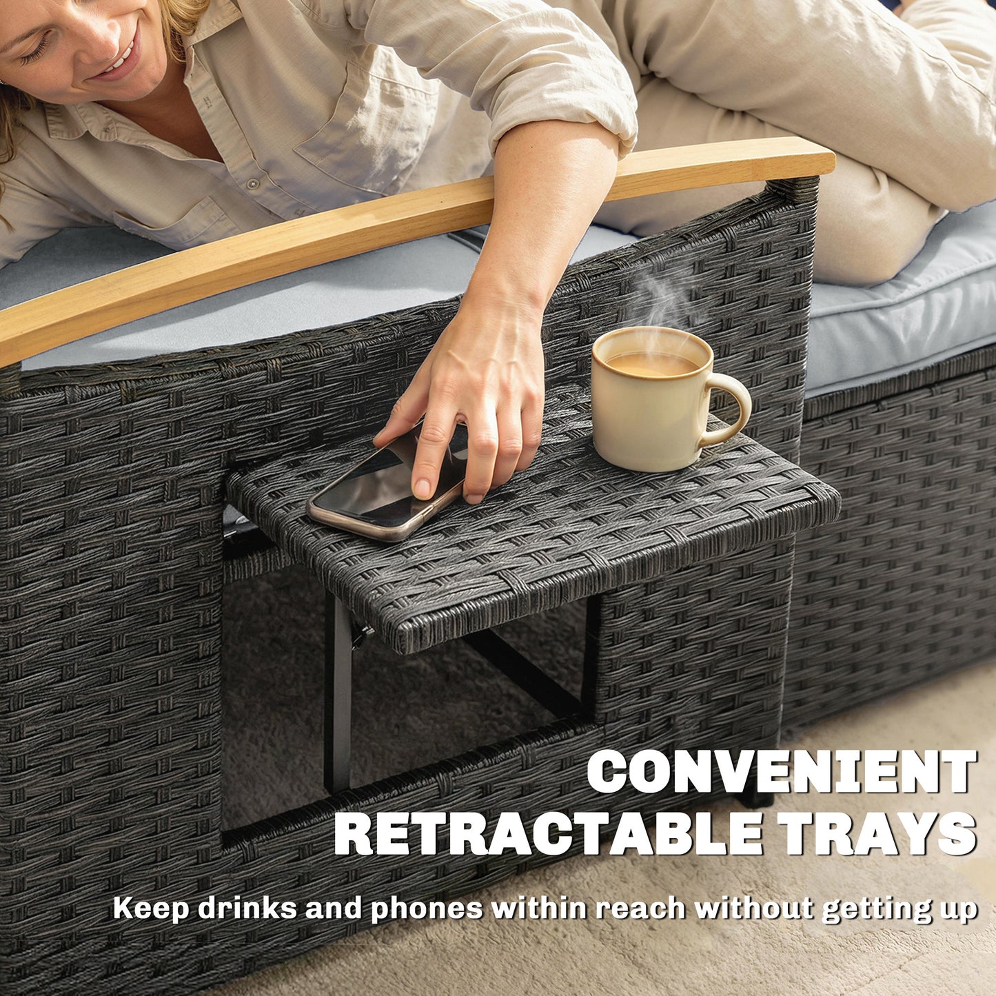 Double Garden Rattan Daybed, Wicker Sun Bed Chaise Lounger with Storage Ottoman, 4-Level Adjustable Backrest, Dark Grey