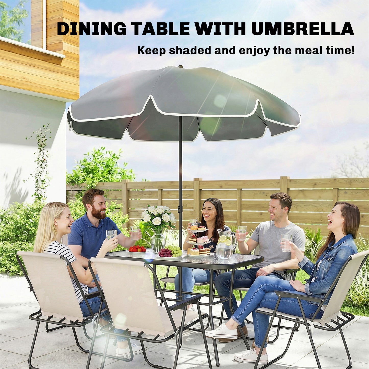 8 Piece Garden Dining Set with Umbrella Garden Furniture Set with 6 Folding Chairs, Tempered Glass Table for Patio Cream