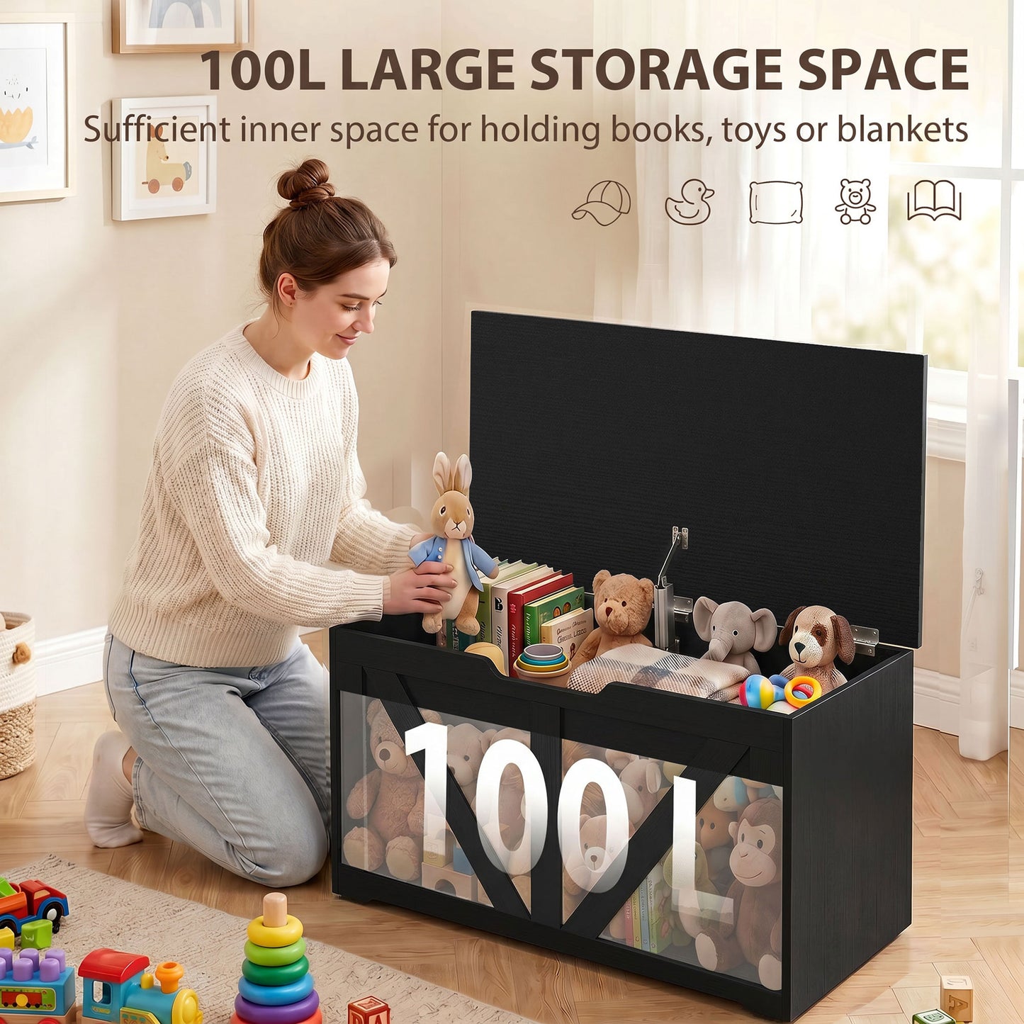 100L Home Storage Box, with Safety Hinge - Black Wood-Effect