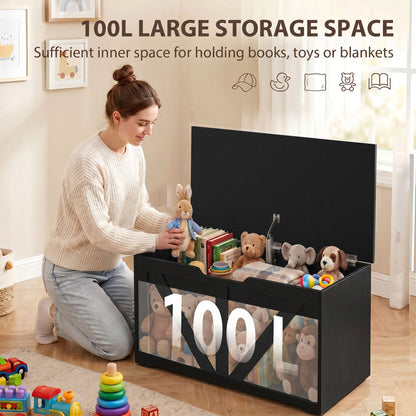 100L Home Storage Box, with Safety Hinge - Black Wood-Effect
