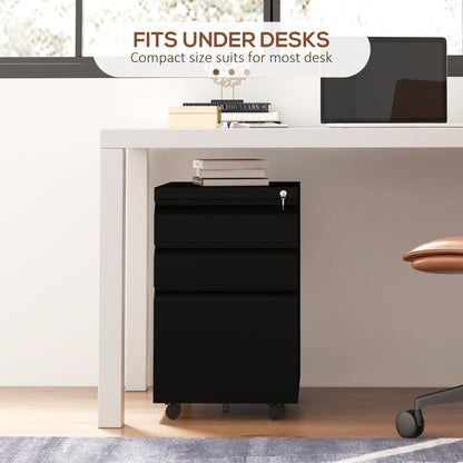 3-Drawer Filing Cabinet with Lock, Mobile Steel File Cabinet for A4, Legal and Letter Size, Under Desk Drawers