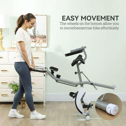 Five-in-one Foldable Exercise Bike, Stationary Bike with Arm Workout Bands, LDC Monitor, Phone Holder, White
