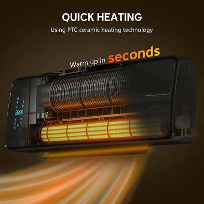 2000W Ceramic Electric Heater with Fan, Adjustable Thermostat, Wall Mounted - Black