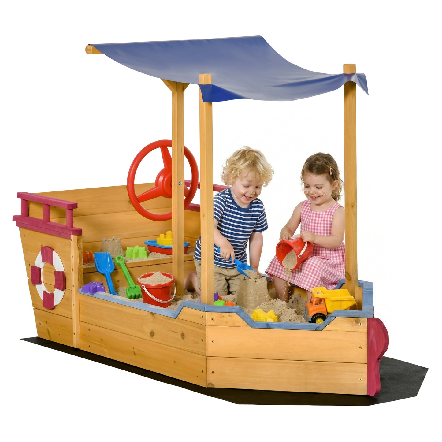 Sand Pit, Kids Wooden Sandbox Pirate Ship, Sandboat Play Station with Canopy Shade