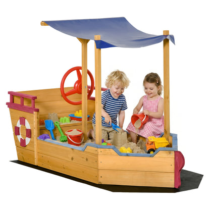 Sand Pit, Kids Wooden Sandbox Pirate Ship, Sandboat Play Station with Canopy Shade