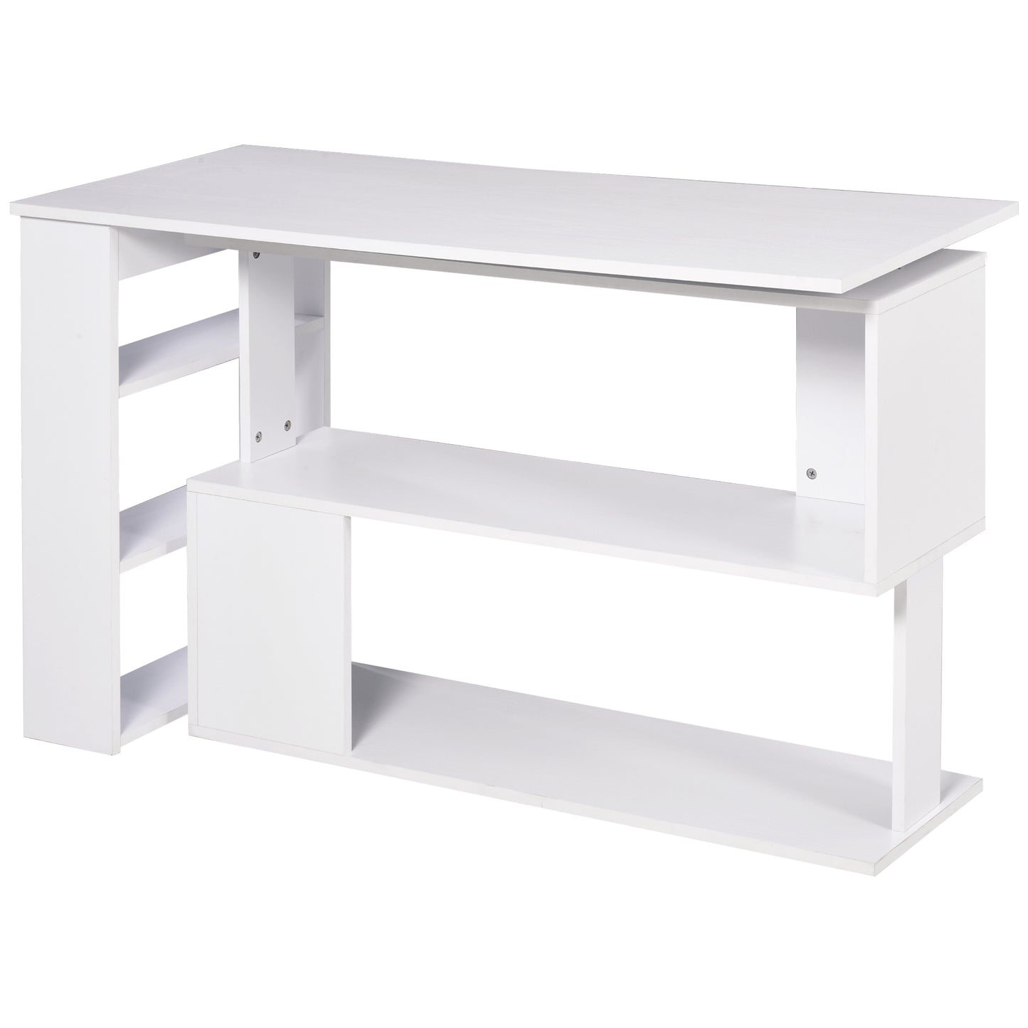 Corner Computer Desk, L Shaped Desk with 360° Rotating Bookshelf, 120L x 110W x 74.5H cm, White