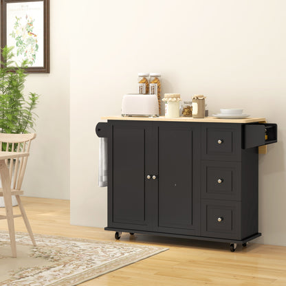 Kitchen Island with Drop Leaf, Rolling Kitchen Storage Trolley on Wheels with 3 Drawers, Black