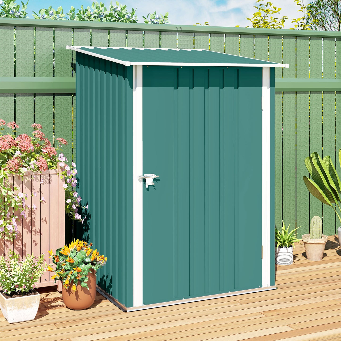 3.3 x 3.4ft Lean To Steel Garden Shed, with Locking Door - Green