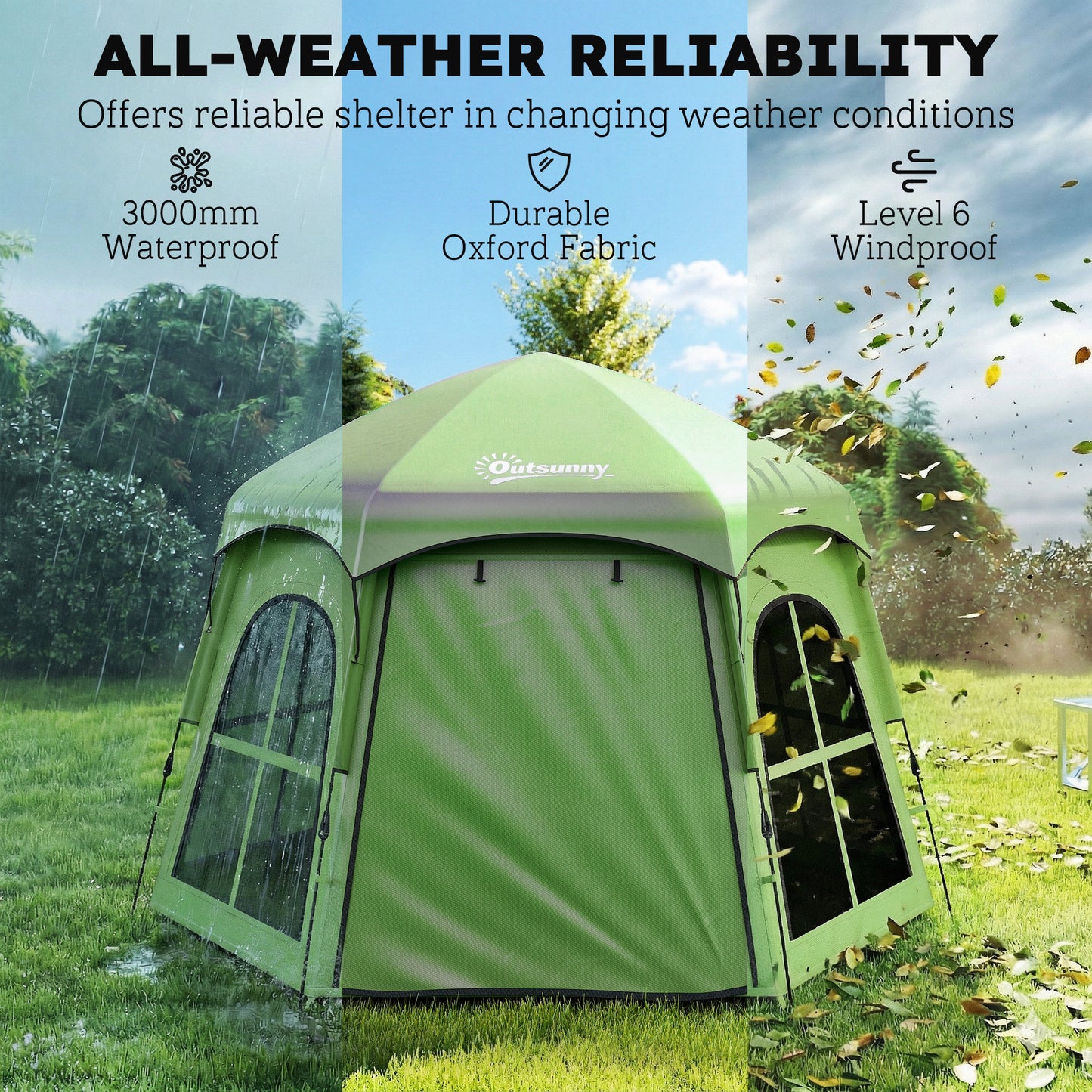 Pop Up Tent 3000mm Waterproof Instant Camping Tent 3-4 Person with 2 Doors 4 Windows Green