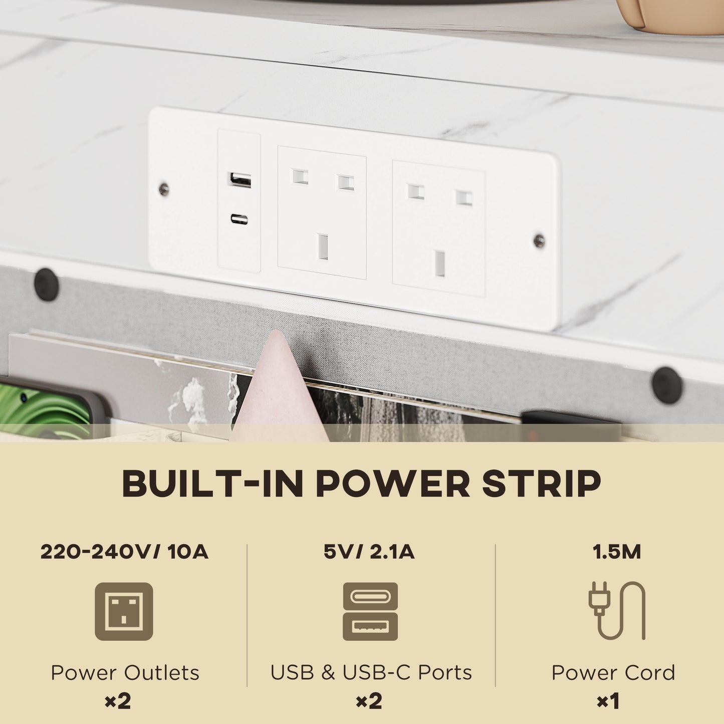 C-Shaped Bedside Table with Charging Station, Marble Grain Side Table with Power Outlets & USB Ports, Storage Bags