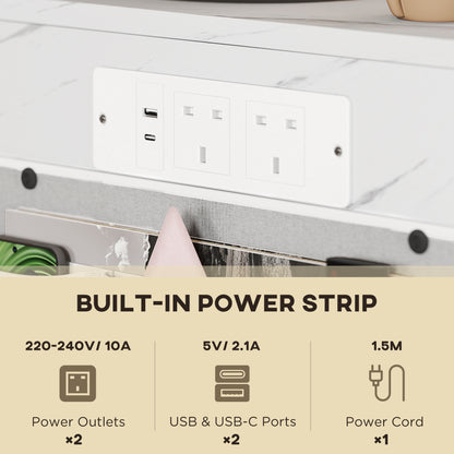C-Shaped Bedside Table with Charging Station, Marble Grain Side Table with Power Outlets & USB Ports, Storage Bags