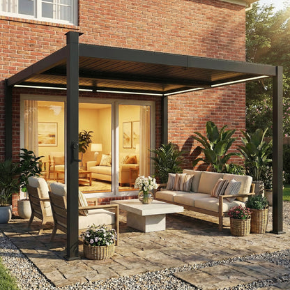 3 x 3 m Louvered Pergola with Solar LED lights, Metal Roof, Patio Gazebo Pergola Canopy with Drainage Gutters, Black