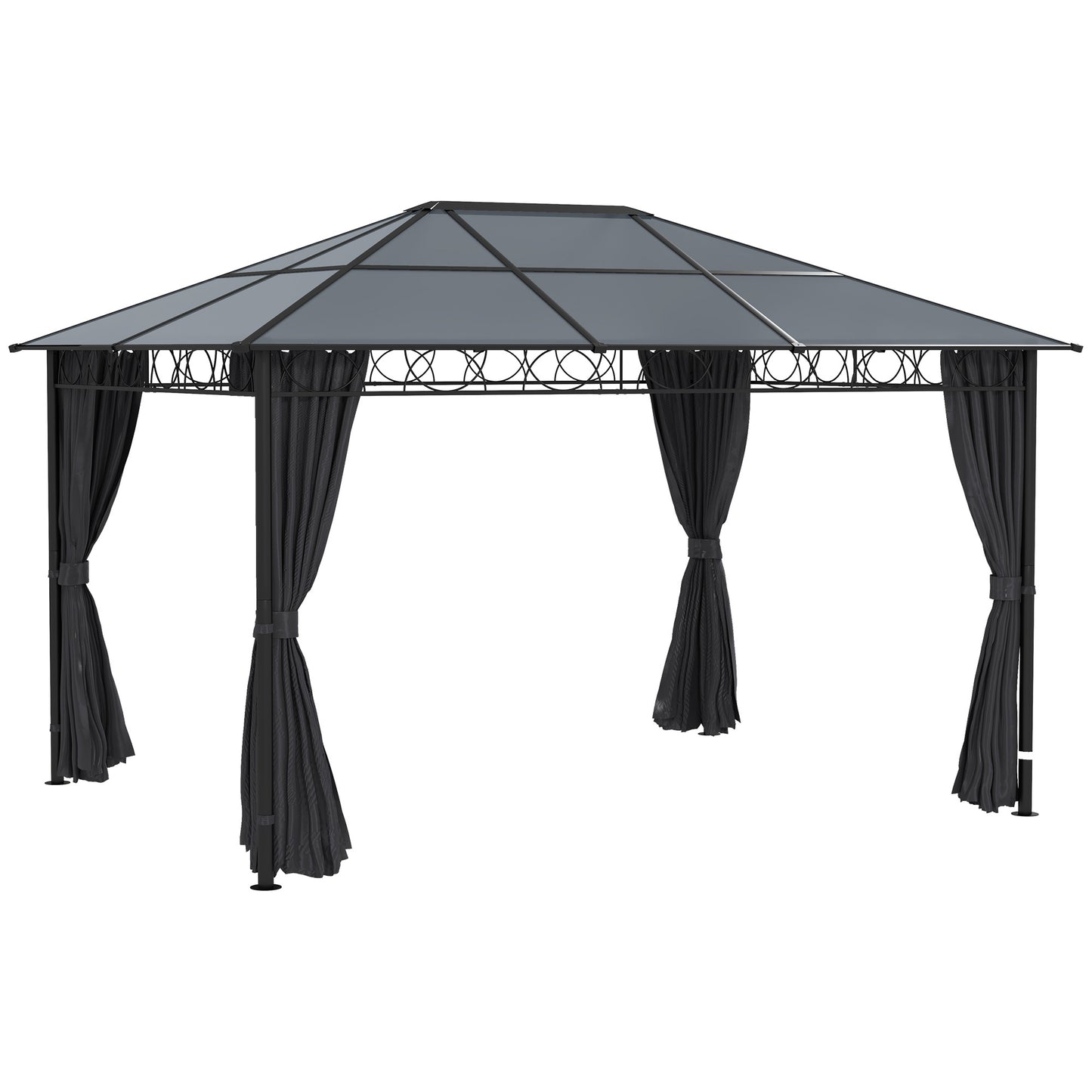Hardtop Gazebo Garden Pavilion w/ UV Resistant Polycarbonate Roof, Curtains, Steel & Aluminium Frame, 3 x 4(m), Grey