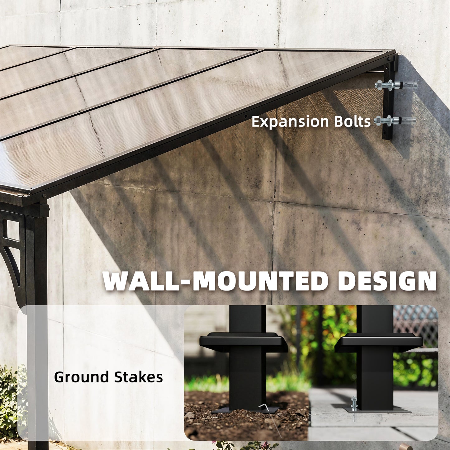 4 x 3 m Metal Lean-to Pergola, Wall-Mounted Garden Pergola with Polycarbonate Roof and Metal-Aluminium Frame