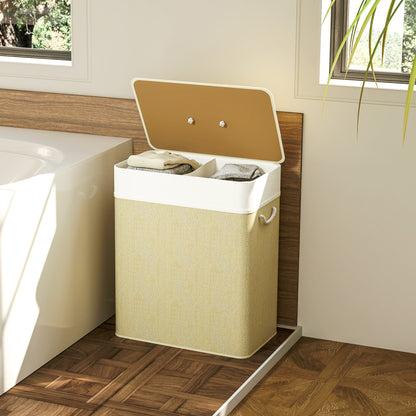 2 Section Laundry Basket with Lid, 100L Bamboo Laundry Hamper with Handles, Removable and Washable Liner, Cream White