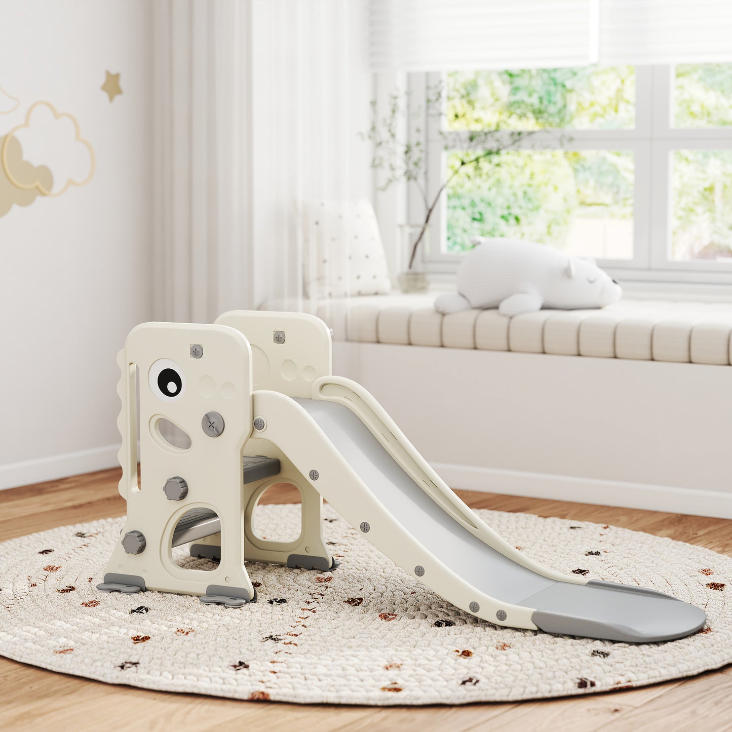 3 in 1 Kids Slide with Climber, Basketball Hoop and Ball, Foldable Indoor Toddler Slide for Ages 2-5, Cream White