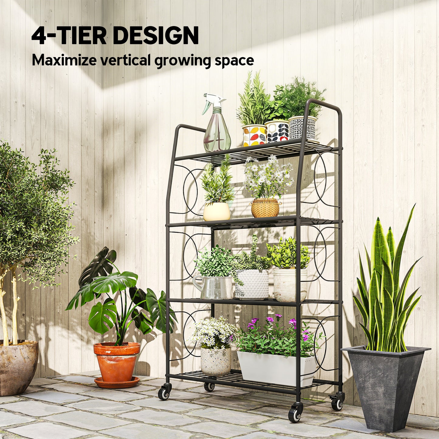 4-Tier Metal Plant Stand, Heavy Duty Ladder Shelf Potted Plants Display Rack with Lockable Wheels