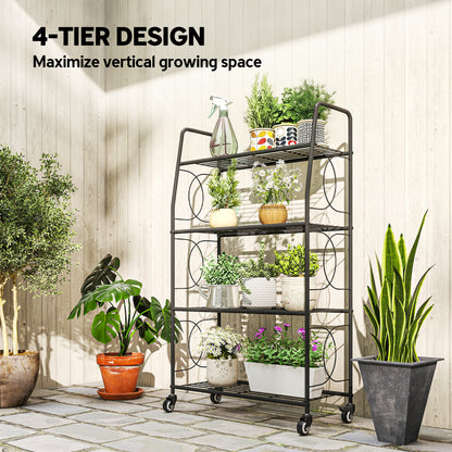 4-Tier Metal Plant Stand, Heavy Duty Ladder Shelf Potted Plants Display Rack with Lockable Wheels