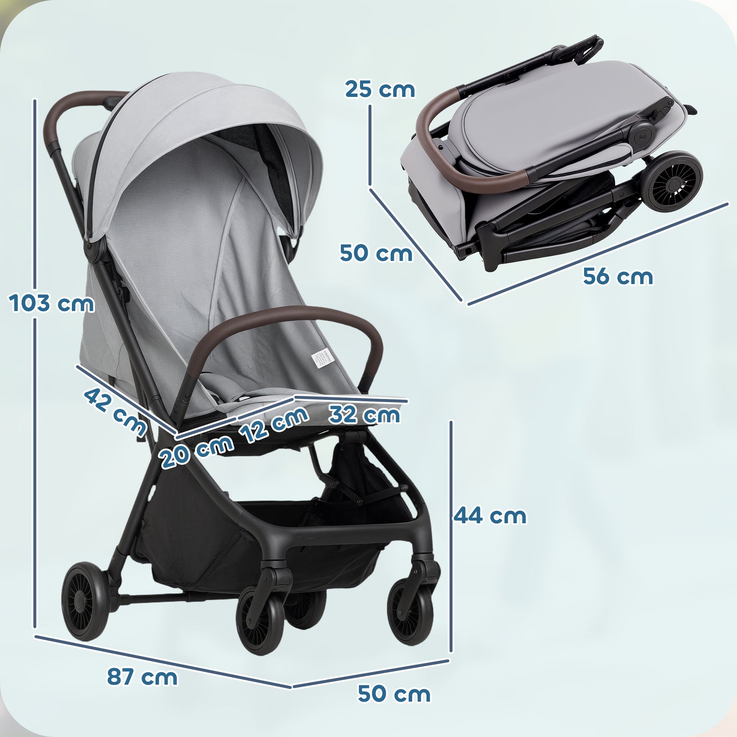 Foldable Baby Stroller with Adjustable Seat, 5-Point Harness, Canopy, Basket, 6.3kg Lightweight & Compact, Light Grey